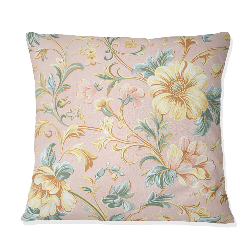 Coussin bohème rose, rose et vert floral, H 16 po x l 16 po, Carrée