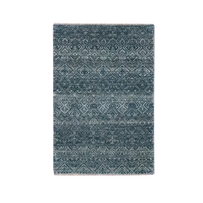 Tapis oriental bleu, ton sur ton, laine douce 2 pi x 3 pi, motif Kohinoor Herat, petit motif géométrique répétitif à motif de losanges, noué à la main, tapis oriental