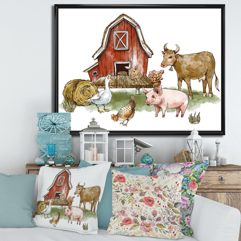 «Farm House With Goose Chicken Cow Pig And Haystack», reproduction sur toile flottante, H 12 po x l 20 po x p 1 po