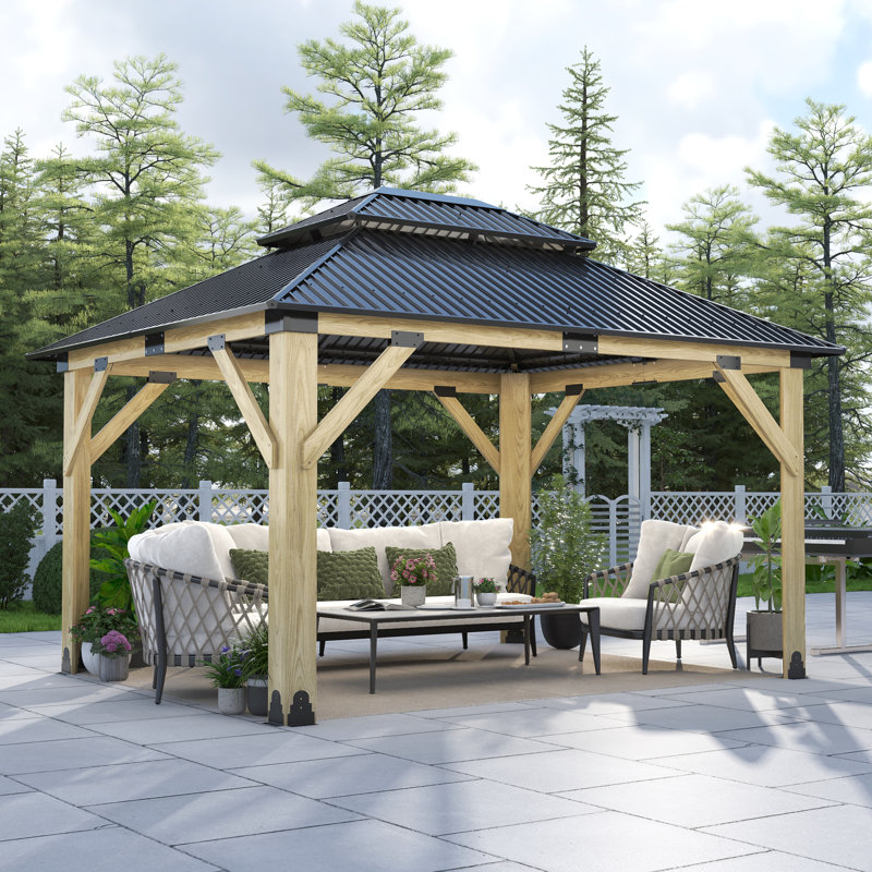 13 ft. W x 11 ft. D Outdoor Cedar Wood Gazebo with Galvanized Steel Double Roof, 13 ft. W x 11 ft. D