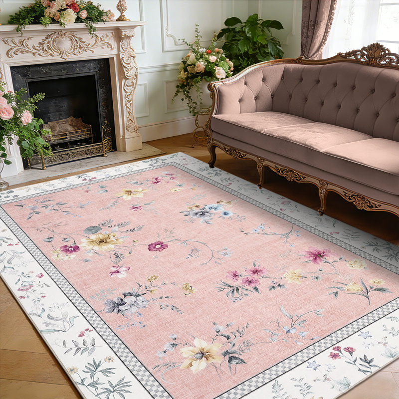 Washable Area Rugs for Living Room Modern Floral Bedroom Rugs for Dining Room OfficeContemporary Home Decor Rug, Pink