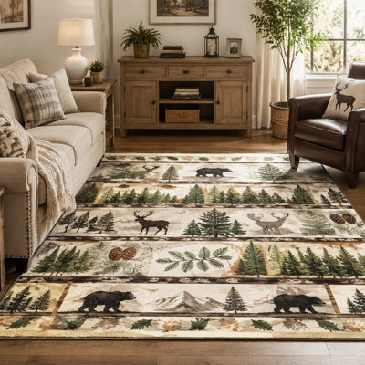 Tapis imprimé paysage forestier (1 pièce) - Motif faune et flore des bois, paysage naturel, résistant et facile à nettoyer, envers antidérapant, grand tapis de sol pour salon, chambre, cuisine, bureau, usage intérieur, décoration intérieure