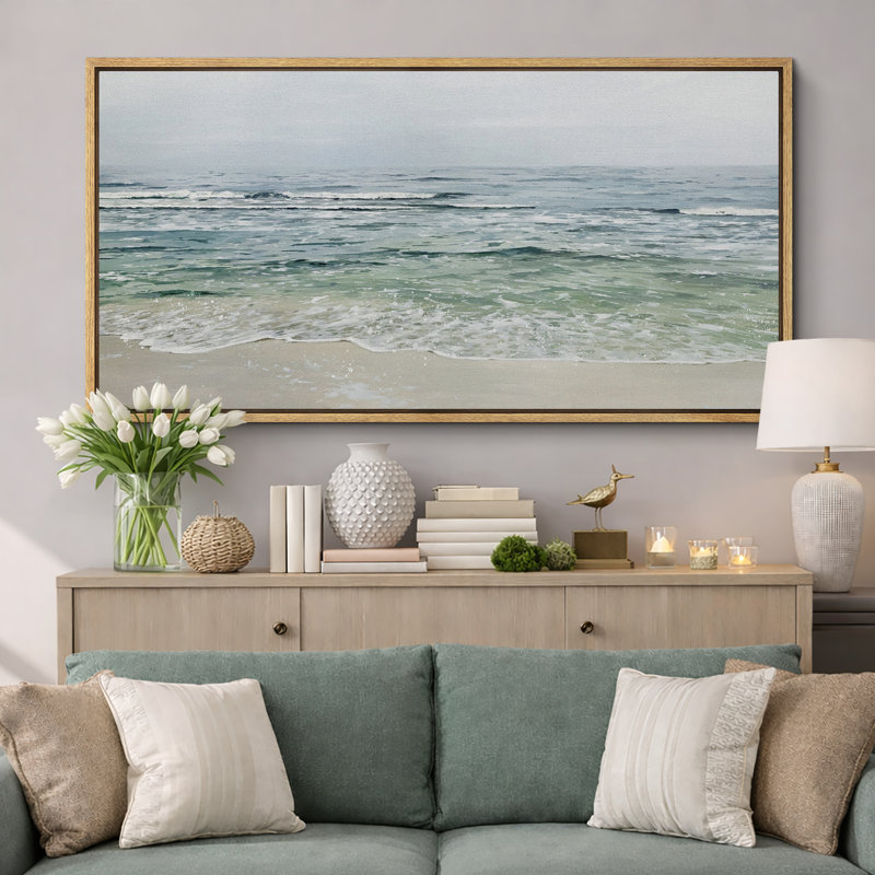 «Serene Coastal Waves on Sandy Beach», reproduction d'art sur toile encadrée très grande, Cadre naturel flottant