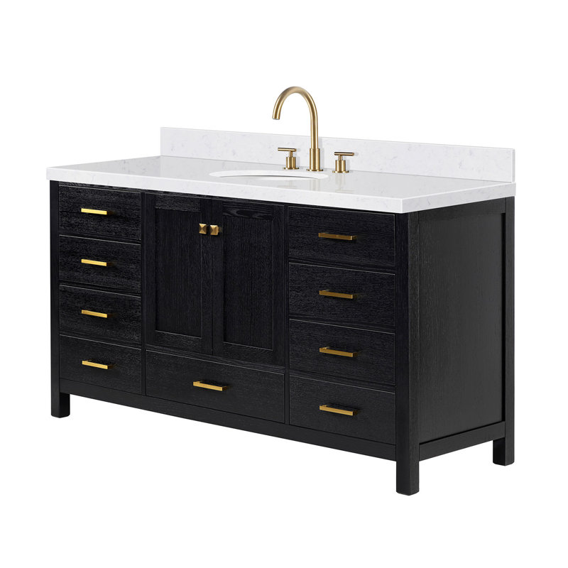 Ensemble de meuble-lavabo simple 66,25 po avec plateau en quartz Amariani, Oval, Chêne noir