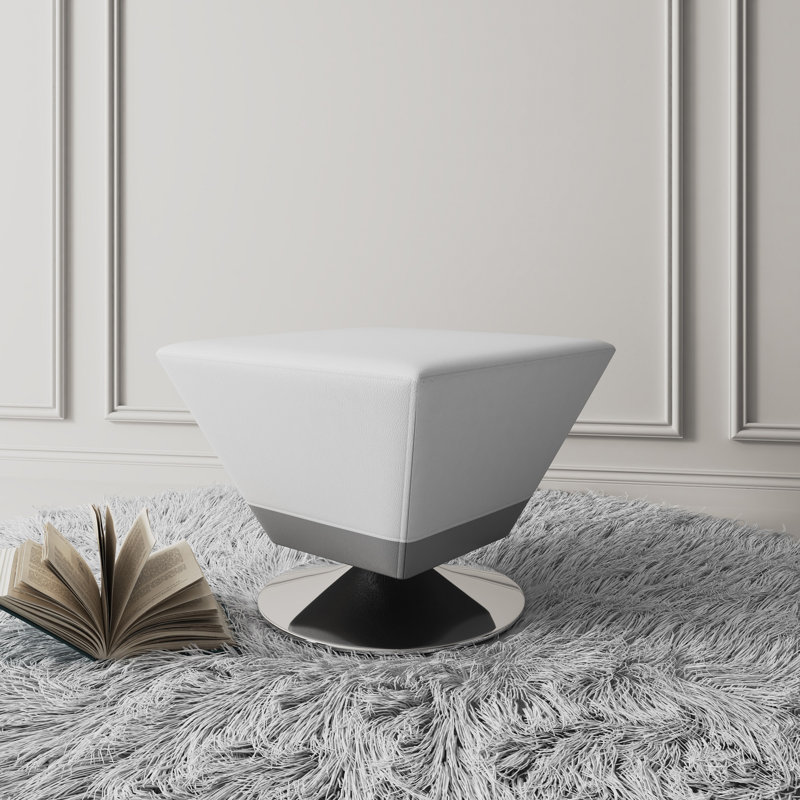 Diamond 20" Modern Vegan Leather Upholstered Metal Swivel Ottoman in White, White/Polished Chrome Faux Leather