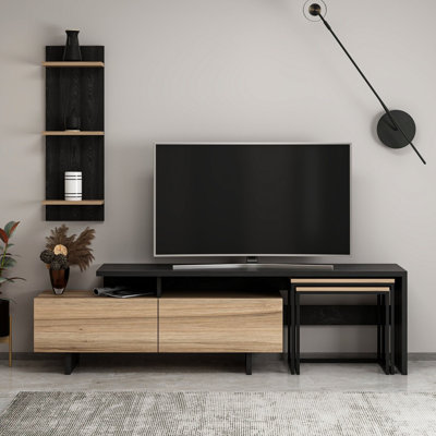 Élégant meuble télé noir et doré 70,9 po x 19,7 po x 15,7 po | 100% panneau de particules enduit de mélamine, épaisseur: 0,7 pouce | Conception élégante pour les espaces de salon et de divertissement, solution de rangement durable et moderne