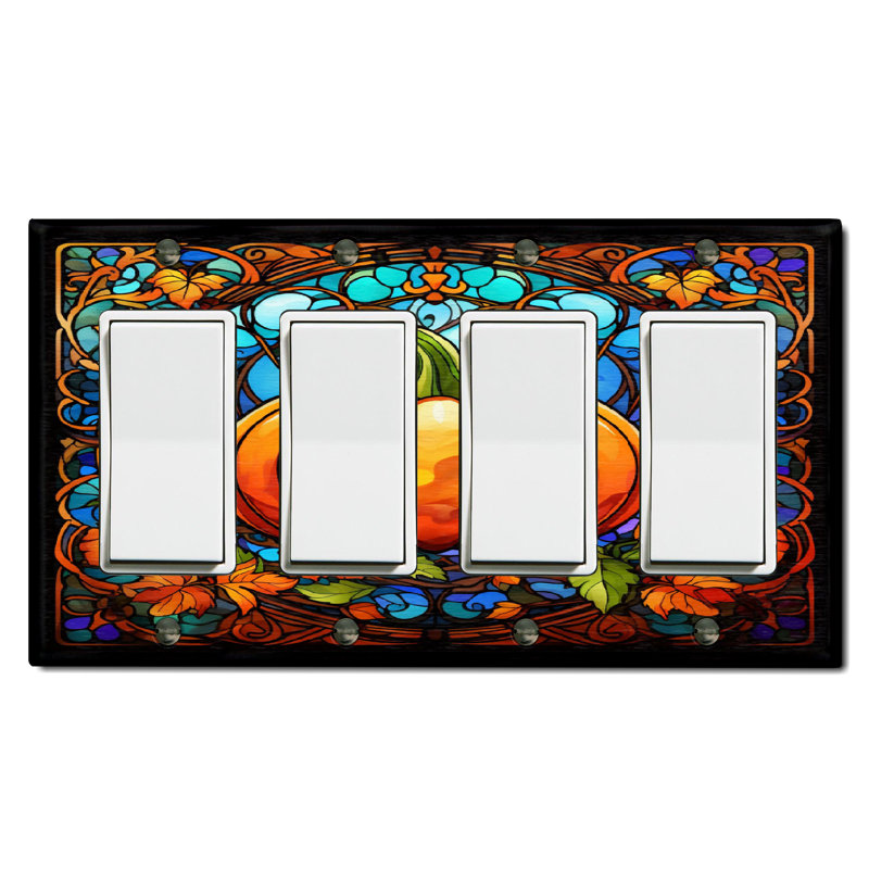 Metal Light Switch Plate Outlet Cover (Halloween Festive Pumpkin - Quadruple Rocker)