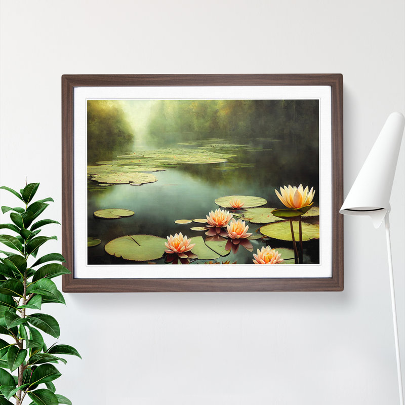 Misty Water Lily Pond - Framed Print, 34cm H x 46cm W, Walnut Framed