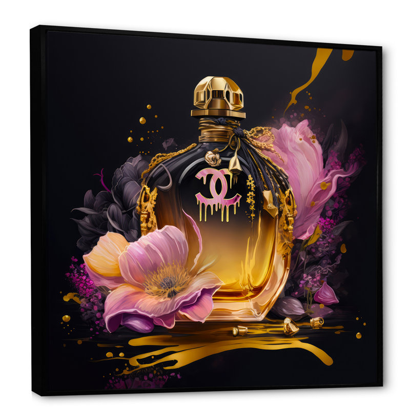 Chic bouteille de parfum avec roses roses I - art mural tendance pour le salon, H 36 po x l 36 po x P 1,5 po