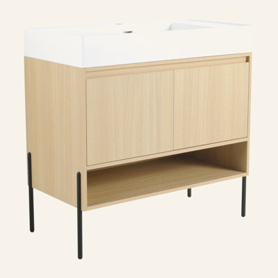 Ensemble de meuble-lavabo 36 po avec lavabo simple en résine, ensemble d'armoires de rangement modernes 2 portes, bois massif multicouche