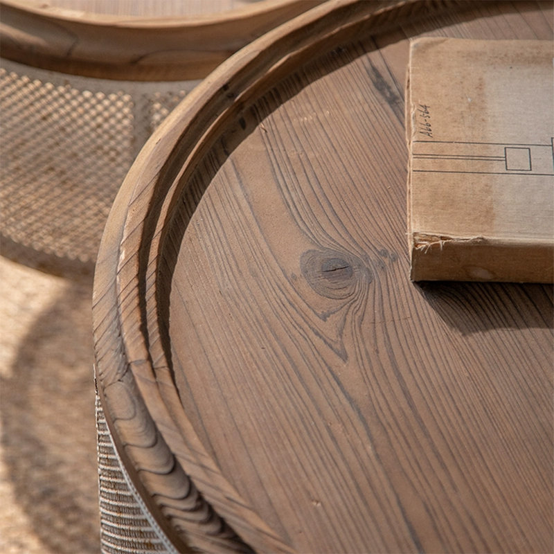 Retro Brown Solid Wood Iron Round Coffee Table Sets