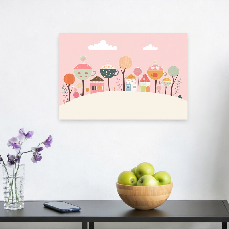 Whimsical Teacup Village Colorful Playful Whimsical Landscape Nature Wall Art Print by Mathieu - Wrapped Canvas Print