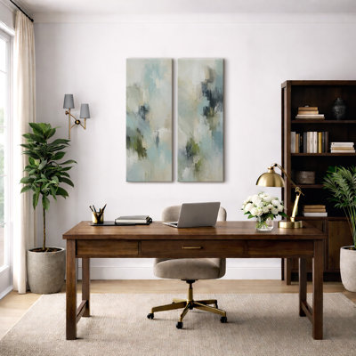 Sage Green Blue Organic Abstract – Set of 2 Framed Wall Art Print on Canvas 32"x12"x2