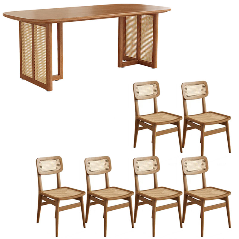 Japanese style solid wood rattan table set, 29.5"H x 70.8"L x 31.4"W, 7 Pieces: Table, 6 Chairs