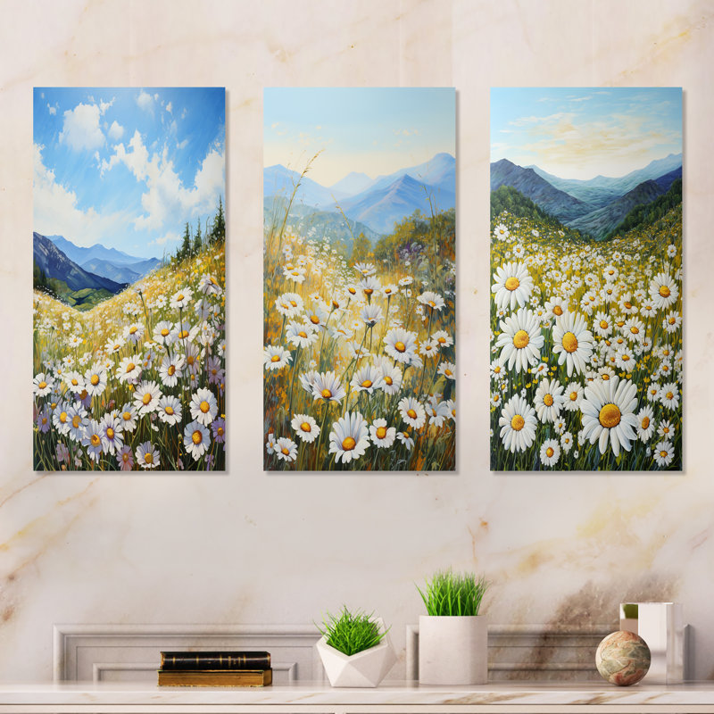 Mountain Daisies On Hill - Fleurs, ensemble de 4 impressions sur toile, Toile tendue, H 28 po x l 36 po