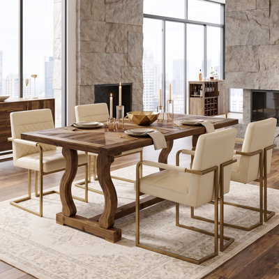 Solid Wood Farmhouse Dining Table with Parquetry Top and Scroll Legs, Rectangular Kitchen Table