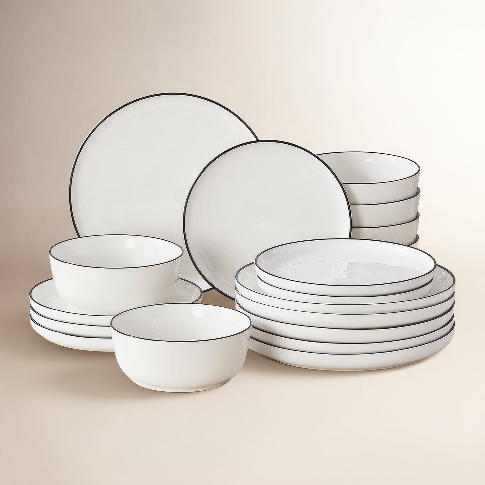 18-Piece White Ceramic With Black Rims Dinnerware Set - Modern Style Tableware Service For 6, Includes Dinner Plates, Salad Plates& Bowls - Holiday, Wedding & Dinner Party Essentials
