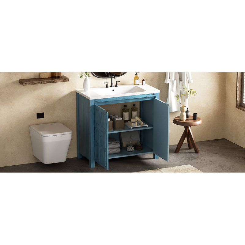 Meuble-lavabo exquis avec détails faits à la main et beaucoup de rangement, Bleu rétro