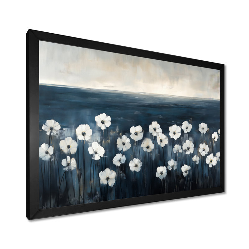 Jonquilles blanches à tiges noires - Décoration murale florale sur toile, 12" H x 20" W, Black Picture Framed