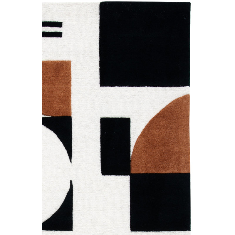 Tapis ivoire / noir / brun en laine fabriqué à la main Antoni, Tapis de couloir 2 pi 3 po x 8 pi