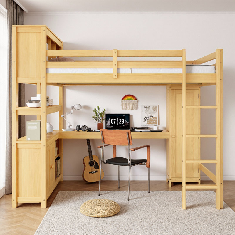Grand lit mezzanine peu encombrant avec garde-robe, bureau et bibliothèque pour enfants - mobilier de chambre durable