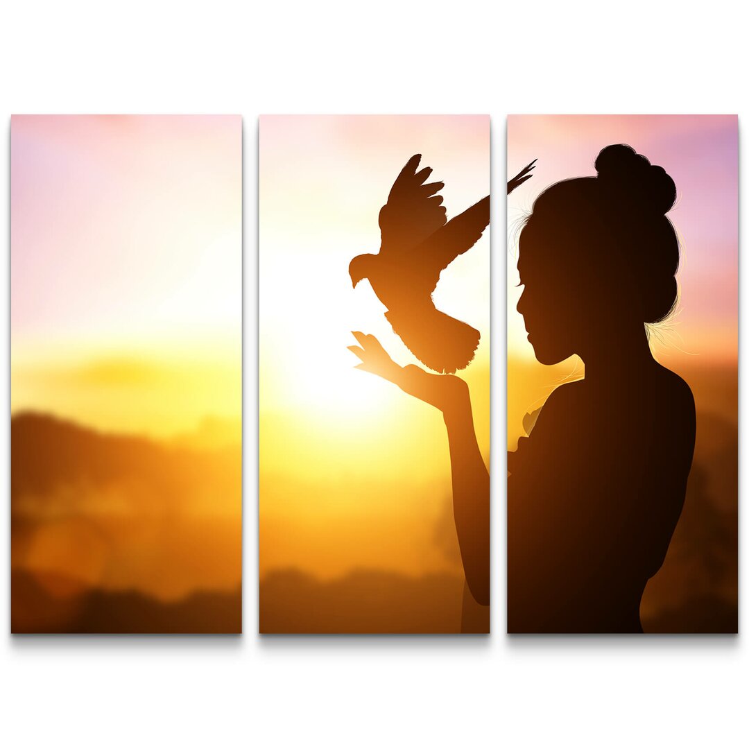 3-tlg. Leinwandbilder-Set Silhouette einer Frau mit Taube