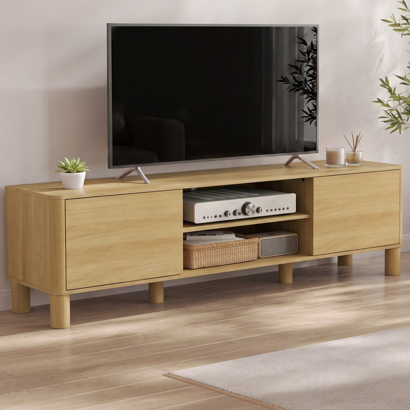 Meuble télé de 70,9 po de largeur, console multimédia à bords arrondis avec 2 portes et compartiments ouverts, pour téléviseur de 75 po ou moins