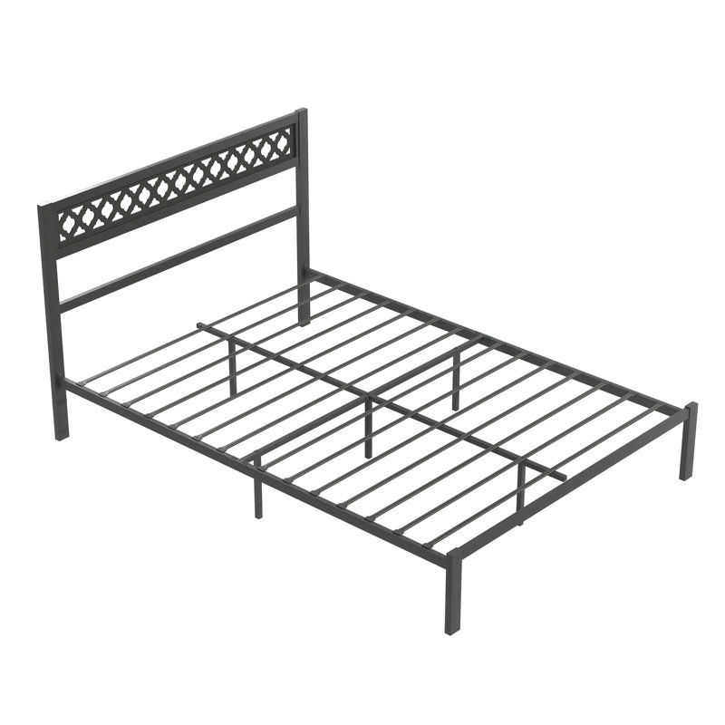 Charin Metal Platform Bed, Black, Full, Geometric Fretwork