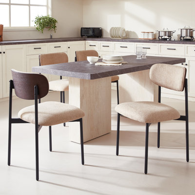 Ensemble de 4 chaises de salle à manger en tissu, chaises de cuisine rembourrées sans dossier avec dossier en grain de bois, chaises de salle à manger modernes avec dossier incurvé et pieds en métal