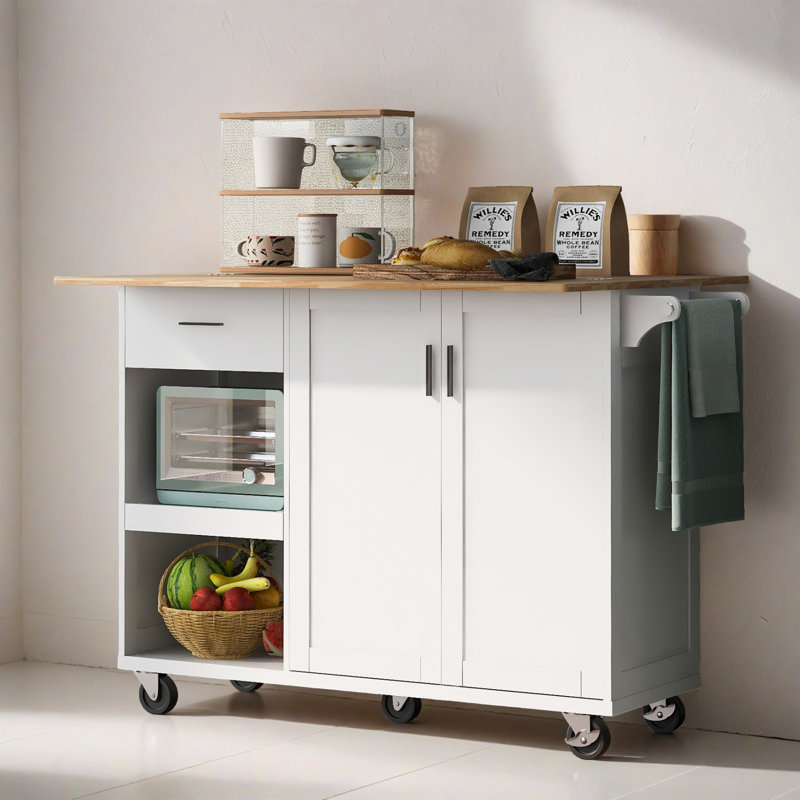 Îlot de cuisine 49,04 po avec comptoir pliable, chariot de rangement roulant avec tablette coulissante, porte-serviettes et tiroir pour la cuisine et le salon