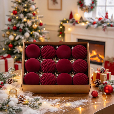 Coffret de 12 boules de Noël en velours, 8 cm de diamètre, rouge bourgogne, pour décorer votre sapin.