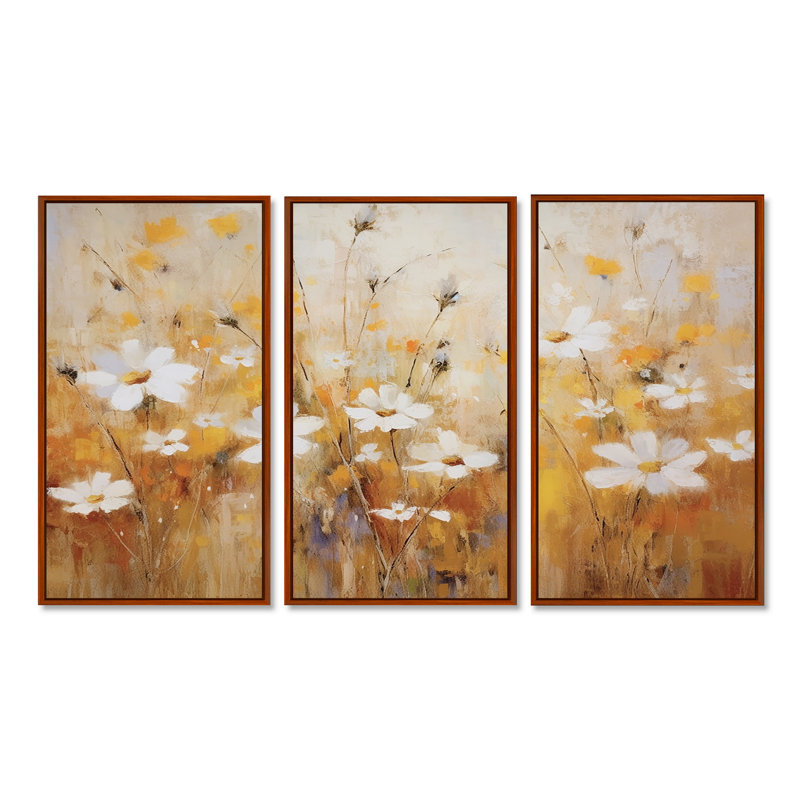 Marguerite blanche blanche dans un champ de blé I - ensemble d'art mural fleurs sauvages, Cadre flottant brun