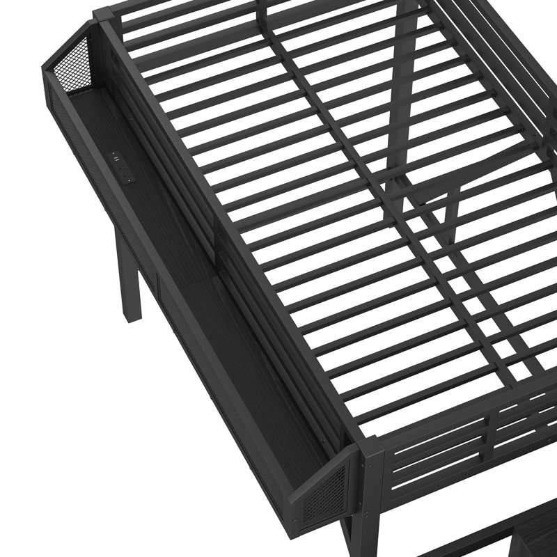 Riott Metal Loft Bed with Storage Stairs, Wardrobe, USB Ports & LED Lighting, Black, Extra-Long Twin