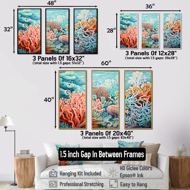 Ensemble de décorations murales corail sous-marin Gorgonacées, Cadre flottant noir, H 28 po x l 36 po x P 1 po