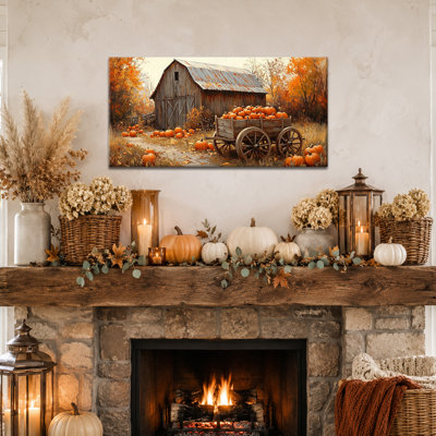 Art mural d'automne, art mural en toile de citrouille en automne, scène de grange rustique, orange chaud et brun, décoration murale d'automne tendue dans une galerie pour le salon, la ferme, le vestibule, 12 po x 24 po