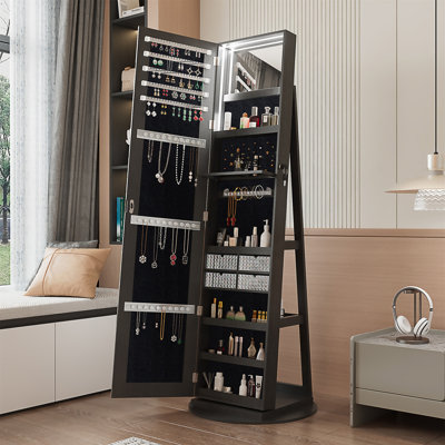 Armoire à bijoux pivotante à 360 ° avec miroir pleine longueur, organisateur d'armoire à bijoux sur pied pivotant à 360 °, armoire de rangement verrouillable, miroir intérieur éclairé
