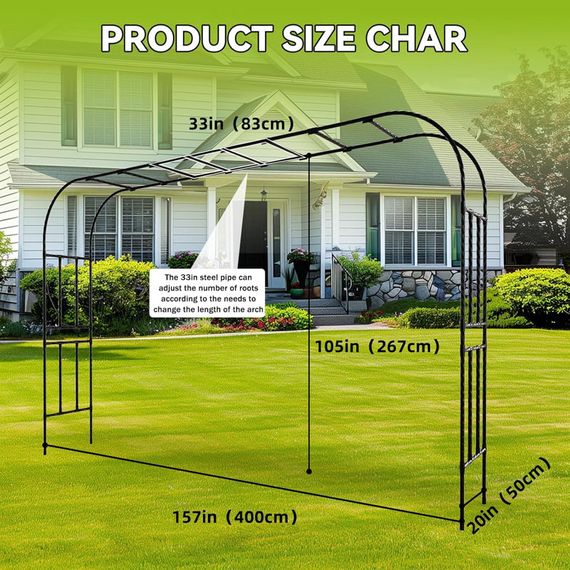 Treillis d'arche de jardin - L 157 po x H 105 po, tuyau en acier épaissi de 25 mm, treillis antirouille recouvert de polyéthylène