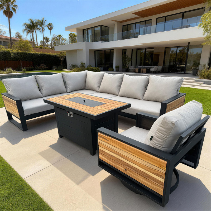 Busby 6-Piece Black Aluminum Outdoor Patio Fire Pit Deep Sectional Seating Set with Cast Ash Cushions, Beige