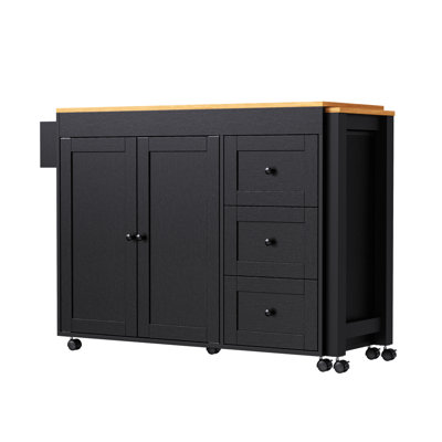 74.8" Black Extendable Kitchen Island - Rolling Cart With Dining Table, 3 Drawers, Power Outlet, Spice Rack & 2-door Cabinet