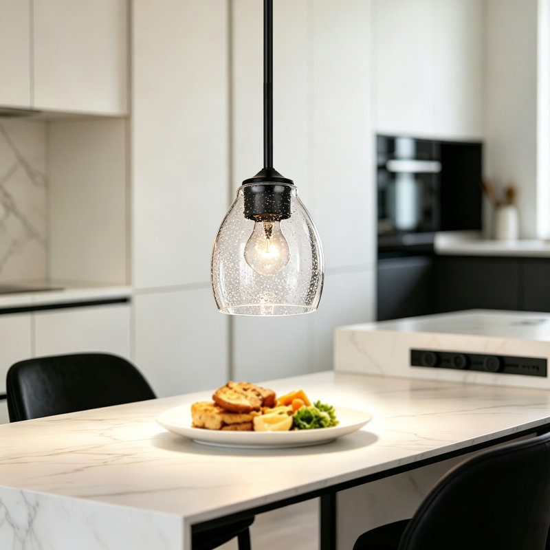 Mini-luminaire suspendu 1 lumière noir mat avec abat-jour en verre grainé, Matte Black