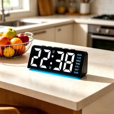 LED Mirror Alarm Clock with Blue Numbers, USB Plug In Digital Clock with Temperature Date Year Display, Dimmable Night Light Small Bedside Clock for Bedroom, No Battery