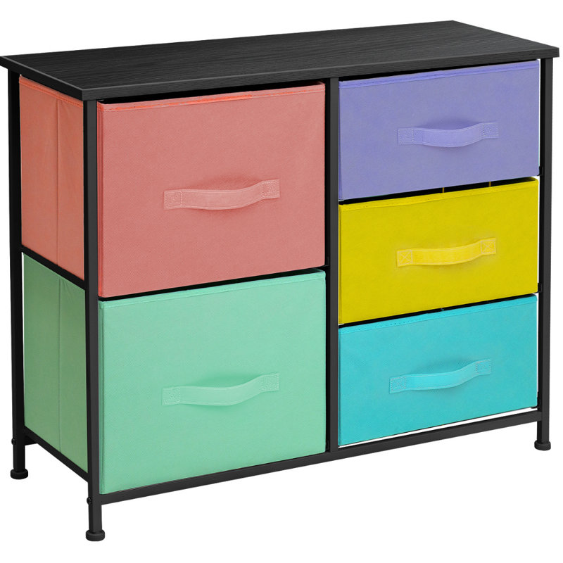 Sorbus 5 Drawers Dresser with Steel Frame and Wood Top in Pastel and Black Frame