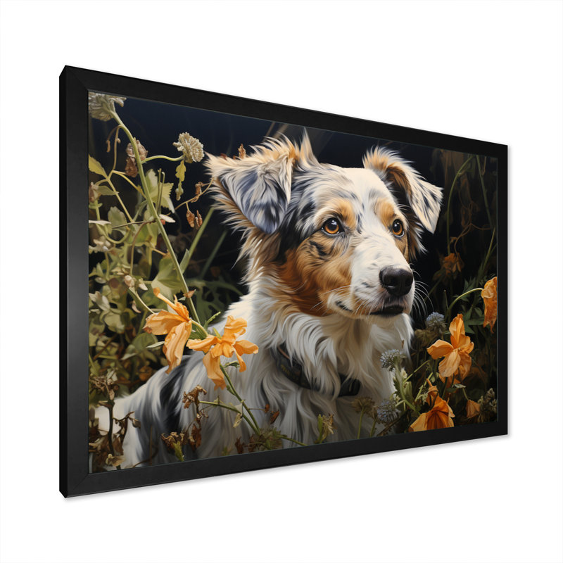 Dog Inquisitive Canine Pastoral - Imprimé, Cadre simple noir, H 12 po x l 20 po x P 1 po
