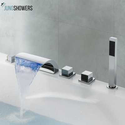 Juno Triple Handle Waterfall LED Bathtub Faucet with Hand Shower, Solid Brass Deck Mounted Color Changing Faucet