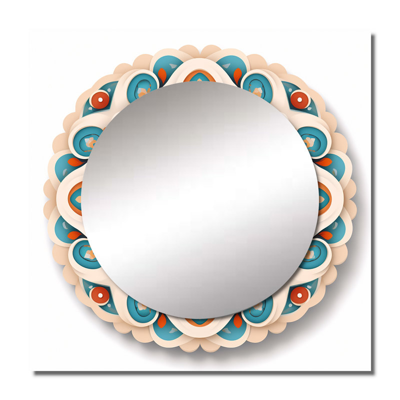 Mandala sacré en rétro bleu et orange - art mural miroir carré boho mandala pour salle de bain, 29 po x 29 po
