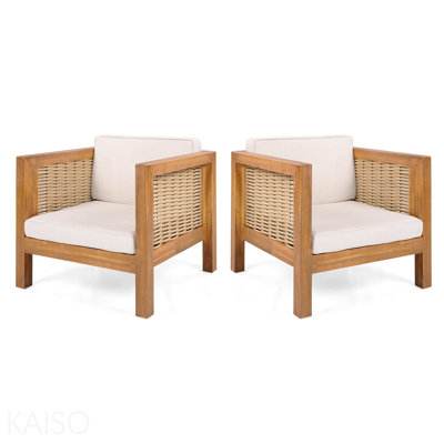 Ensemble de 2 fauteuils club d'extérieur, structure en bois d'acacia avec accoudoirs en osier et coussins beiges, capacité de 400 lb