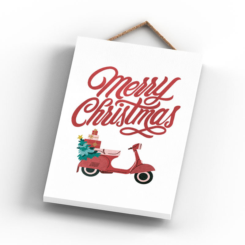 Xmas Merry Christmas Scooter Wooden Plaque, 18.5cm H x 12cm W x 0.9cm D