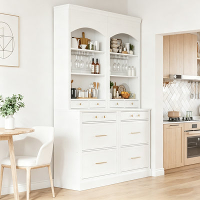 Modern 83.7Inch High Kitchen Pantry, Freestanding Tall Kitchen Hutch With Top,Cupboard Cabinet With 5 Storage Drawers And Adjustable Shelf, Set Of 2, White