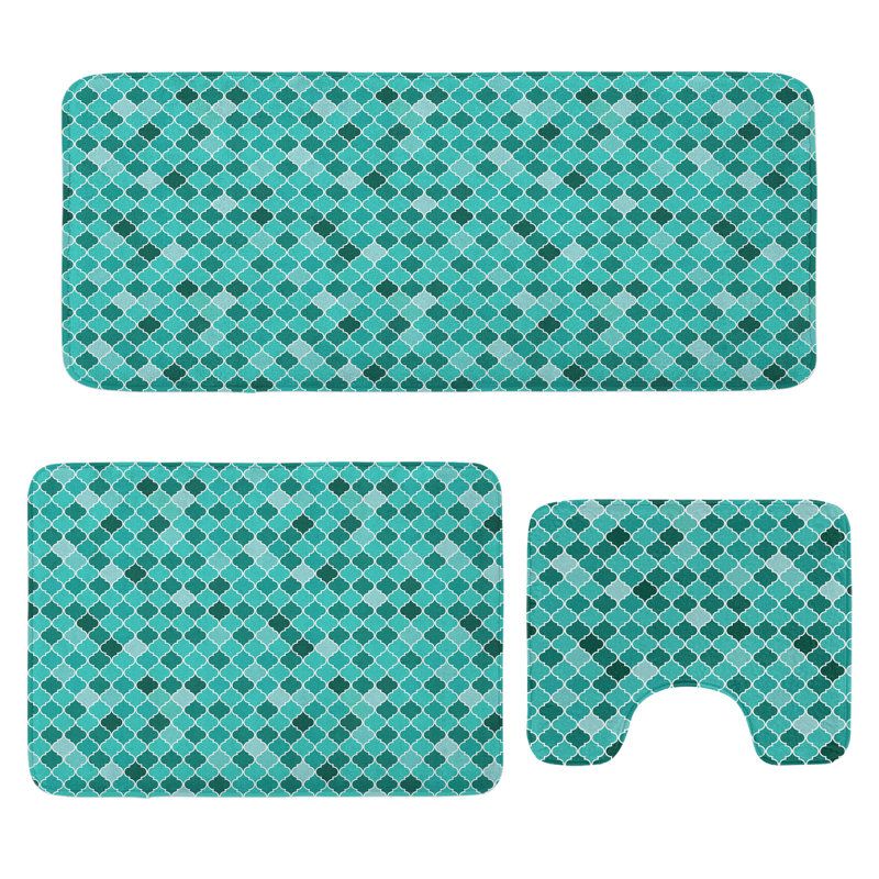  Ensemble de tapis de salle de bain abstrait 3 pièces en U et rectangulaires turquoise sarcelle et écume de mer