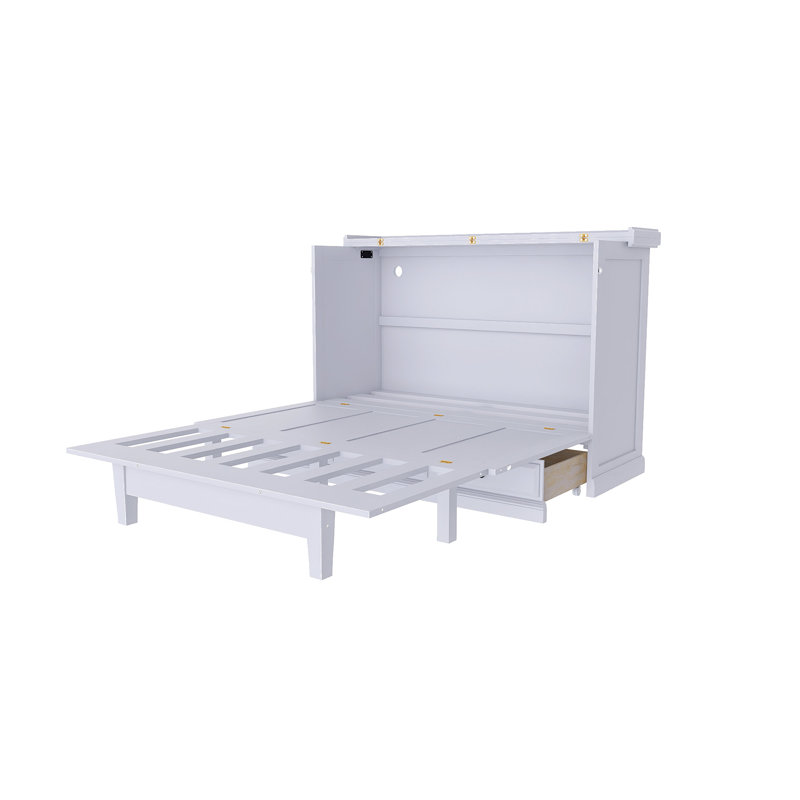 Lit escamotable de ferme à cadre en bois avec tiroirs, Blanc, Double